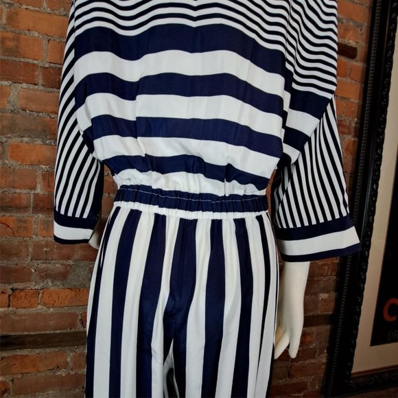 VTG Mollie Parnis Jumpsuit Navy White Stripes Belt Dolman Sleeves 1970s Size S - Picture 8 of 11